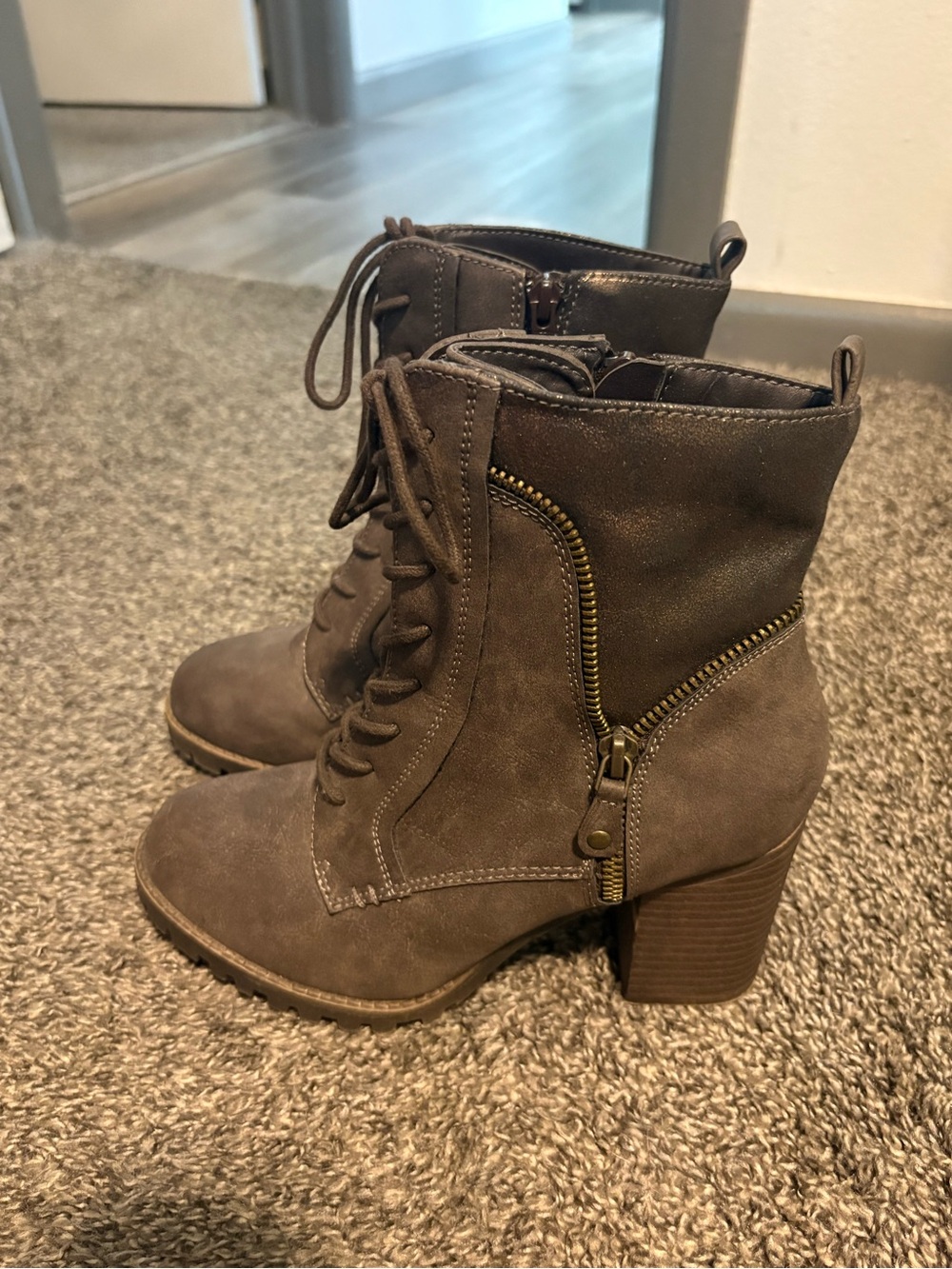 SO Taupe Lace-Up Heeled Ankle Boots with Side Zip
